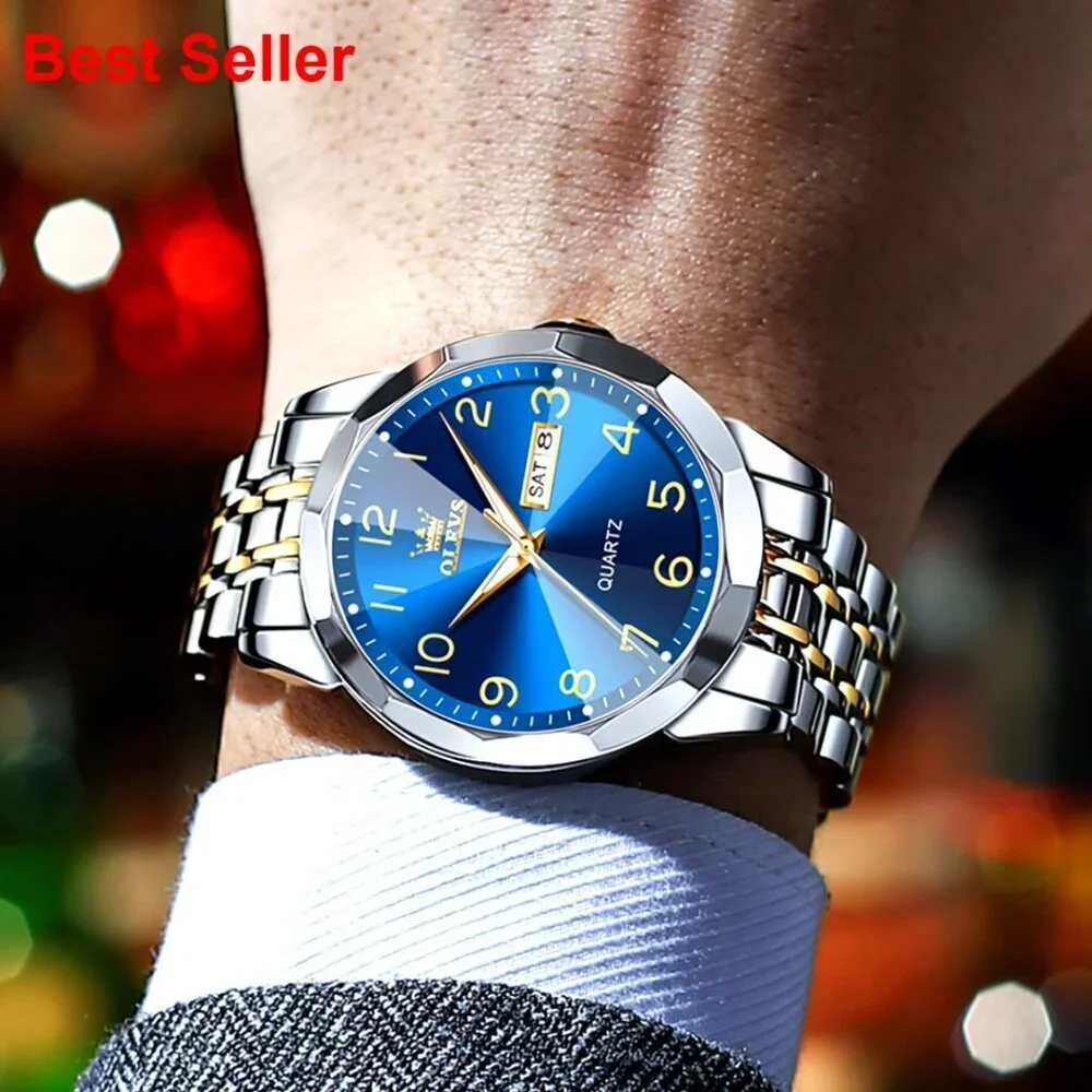 Stainless Steel Analog Quartz Dress Watch with Day Date Waterproof